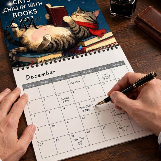 Decorative Healing Illustration Calendar 2027 Reading Cat Wall Calendar, 7.87 x Inch Monthly Hanging Planner Thick Paper with Thickened And