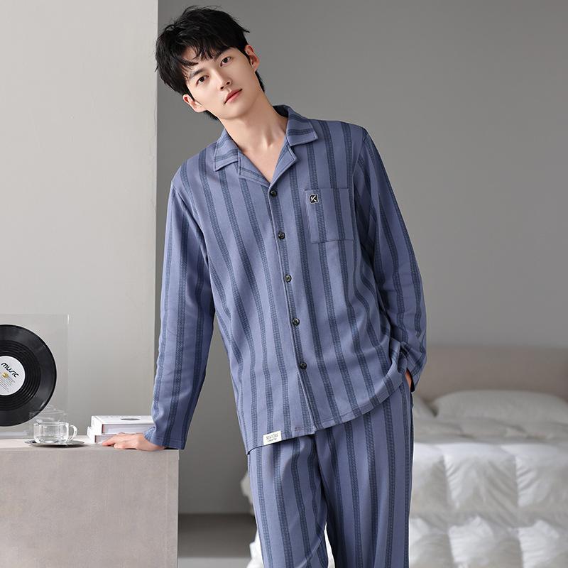 Pure Cotton Pajamas Men'S Spring And Autumn Long-Sleeved Cotton Autumn And Winter Thin Large-Size Loungewear Set