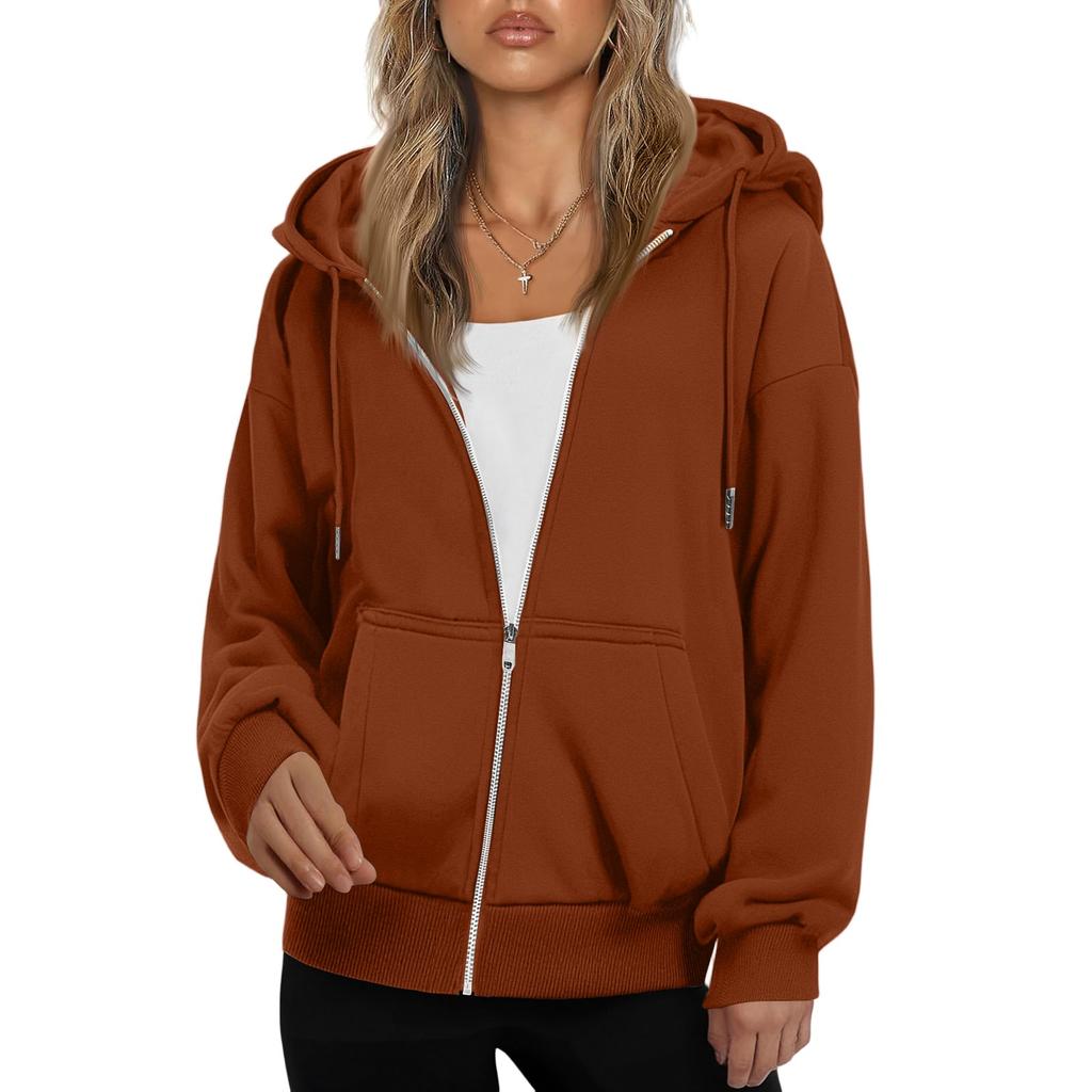 Women's Fashionable Loose Fleece Hooded Casual Cardigan With Zipper Sweatshirt