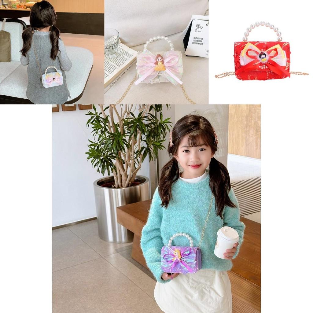 Charming Little Girls Shoulder Bag Adorable Bow Fashionable Chain Handle Purse