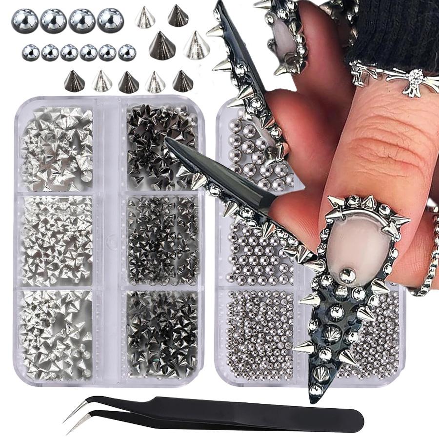 3D Punk Silvery Black Pyramid Stud Nail Jewelry Set, Metal Cone Spikes Beads Rivets, Halloween Gothic Nail Decorations