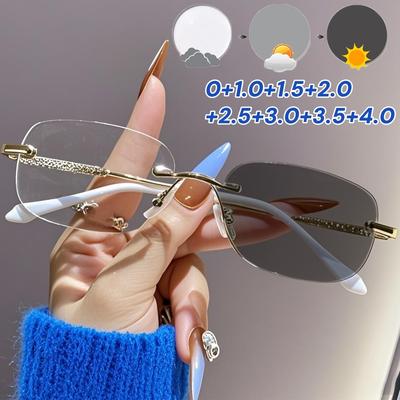 Men Women Stylish Photochromic Reading Glasses Luxury Design  Rimless Far Sight Eyeglasses Trendy Color Changing Presbyopia