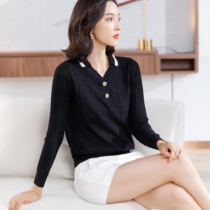 Yiliteng Women's Slim-Fit Knitted Turn-down Collar Top