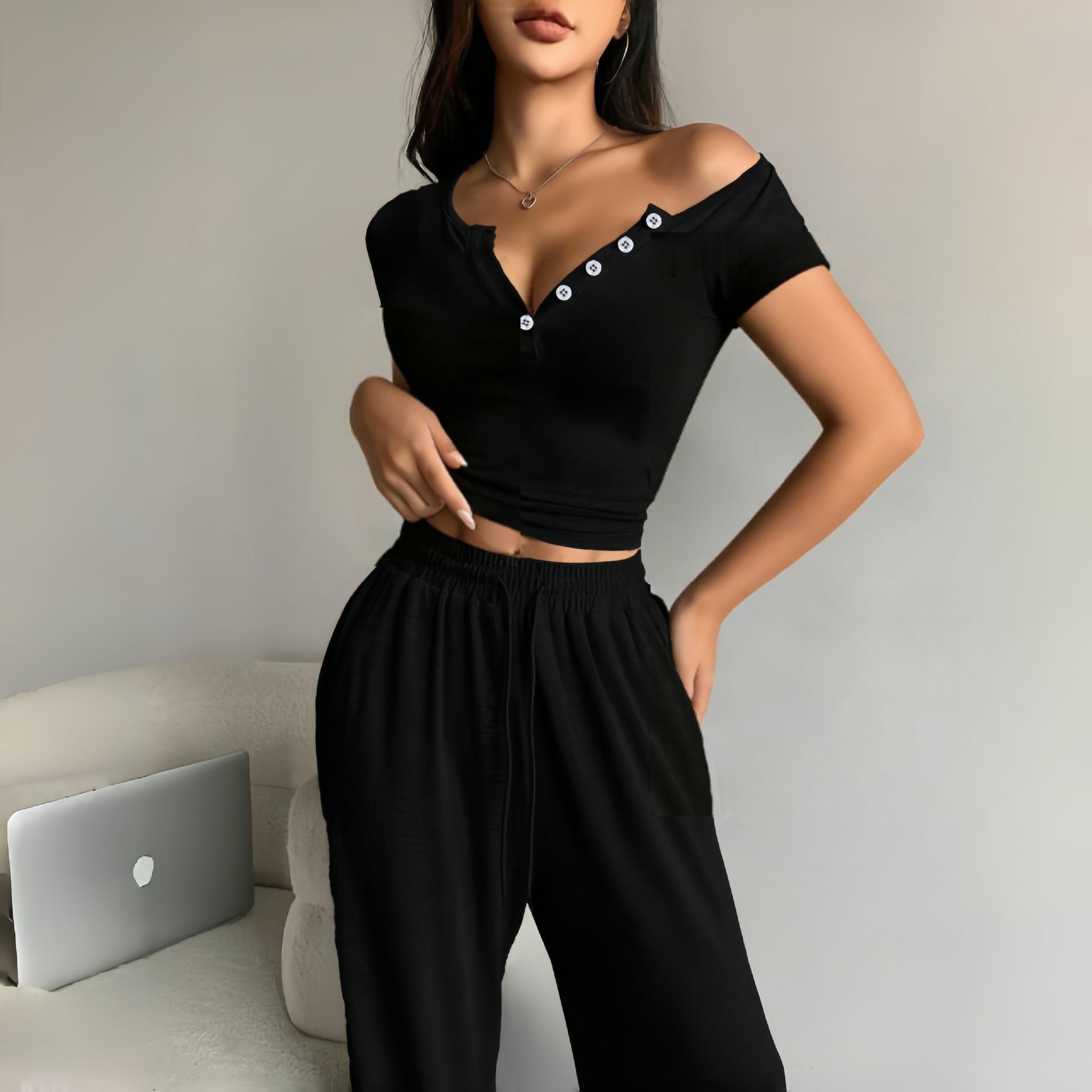 

2026 European & American Women s Spring/Summer Grey Short Sleeve Button Top & Long Pants Casual Set Large чорний