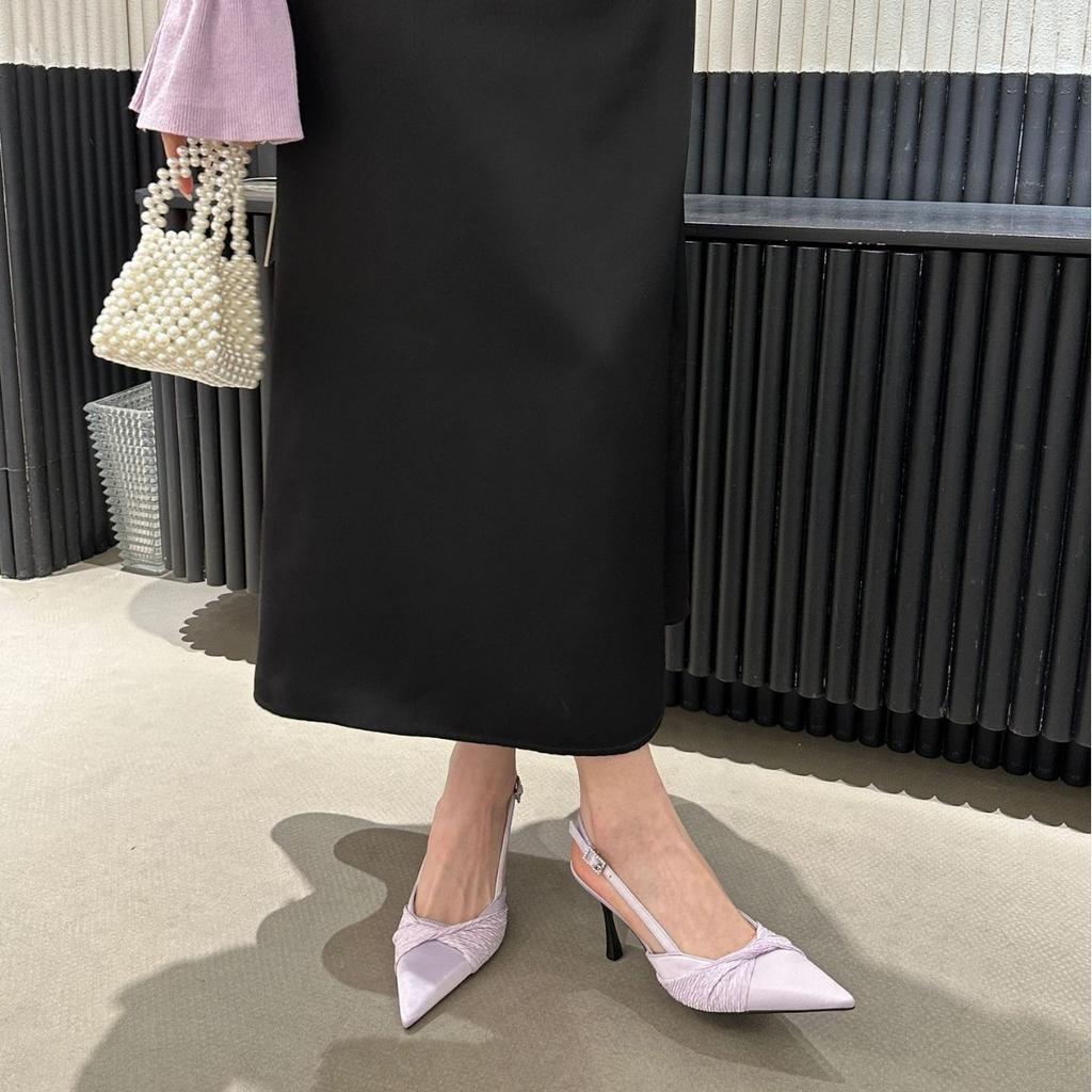 French Wrinkled High Heels Women's 2025 Spring and Summer New Rear Empty Thin Heels Light Mouth Sandals Temperament Socialite Style Single Shoes