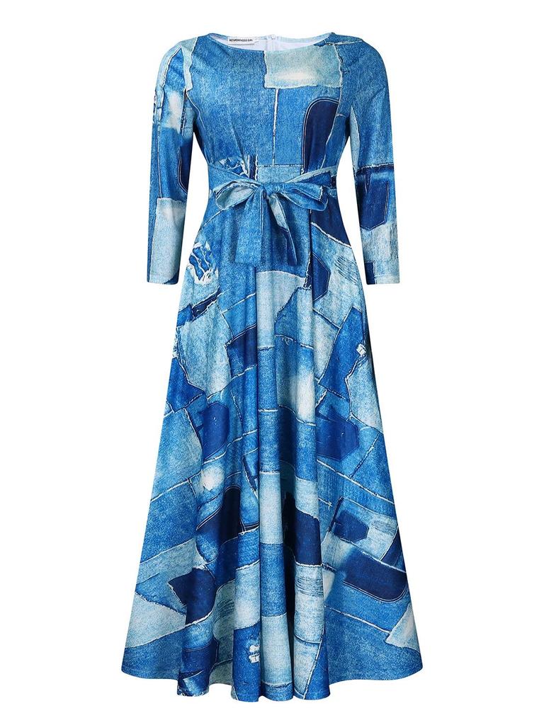 Women's 2024 Spring Lace-up Print African Plus Size Midi Dress