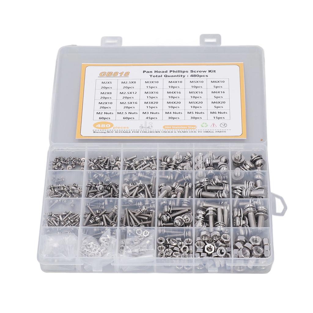 480PCS Screw Kit Pan Head Cross 304 Stainless Steel Screw Nut Washer Assortment Kit M2 M2.5 M3 M4