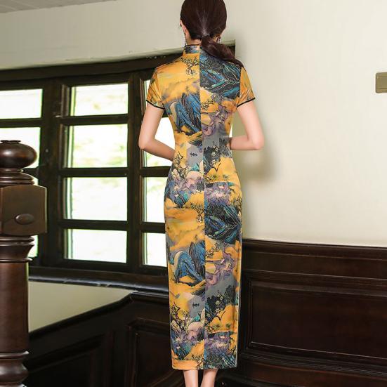 Mandarin Collar Short Sleeve Disc Buckles Smooth Traditional Qipao Chinese Style Mountain