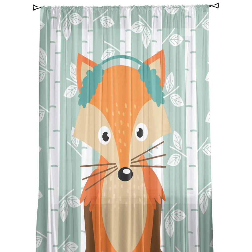 Window Cartoon Birch White Fox Curtains Living Room Tulle Curtains Kitchen Decor Kids Room Curtain Window Treatment