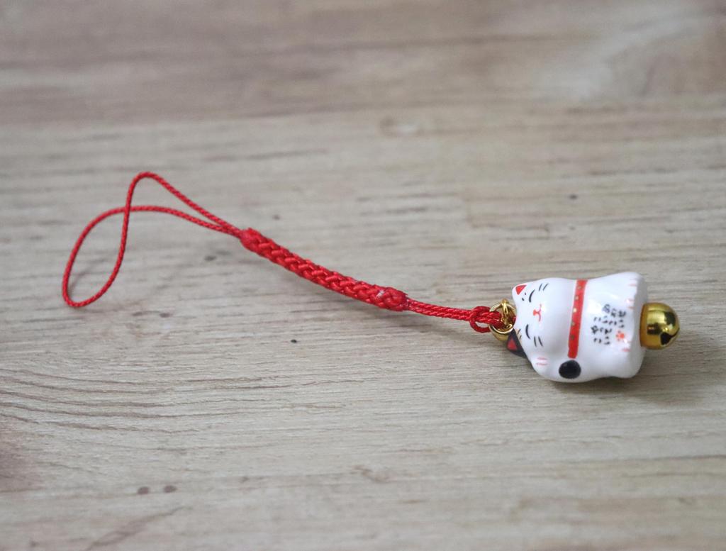 Yakushi Kiln Maneki Neko (Lucky Cat) by Netsuki (Mike) Mame Fuku, Good Luck Strap (with Good Luck Sticker)