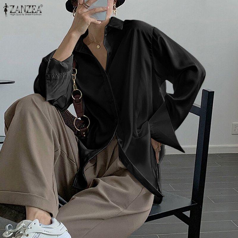 ZANZEA Women Casual Turn Down Collar Loose Long Sleeve Solid Blouse