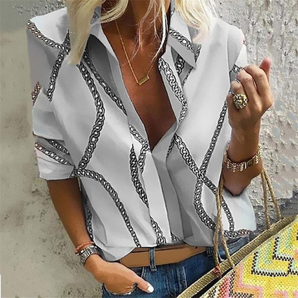 Women's Casual Fashion Loose Print Lapel Pullover Long Sleeve Shirt Tops