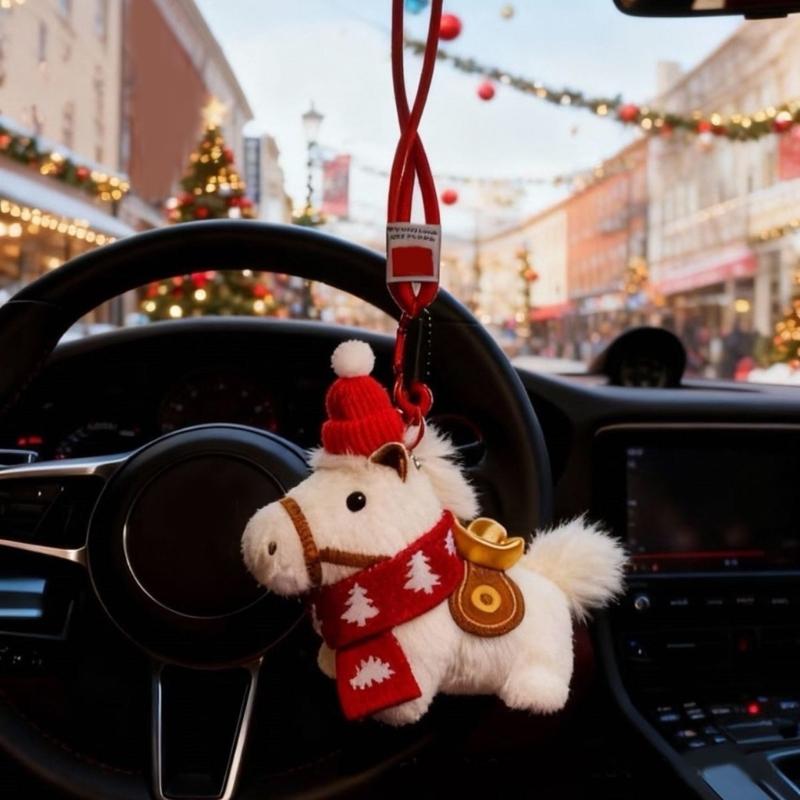 Adorable Plush Horse Mascots Keychain Featuring Festive Knitted Cap Scarf and Lucky Gold Ingot for Holiday Car Ornament Decoration