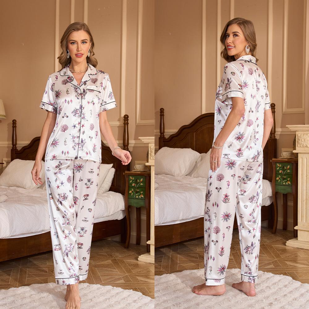 Yaoting Damen Sommer Pyjama Set - Kurzarm, Lange Hose, Modisches Revers, Druckdesign, Lässige Homewear TZ3431