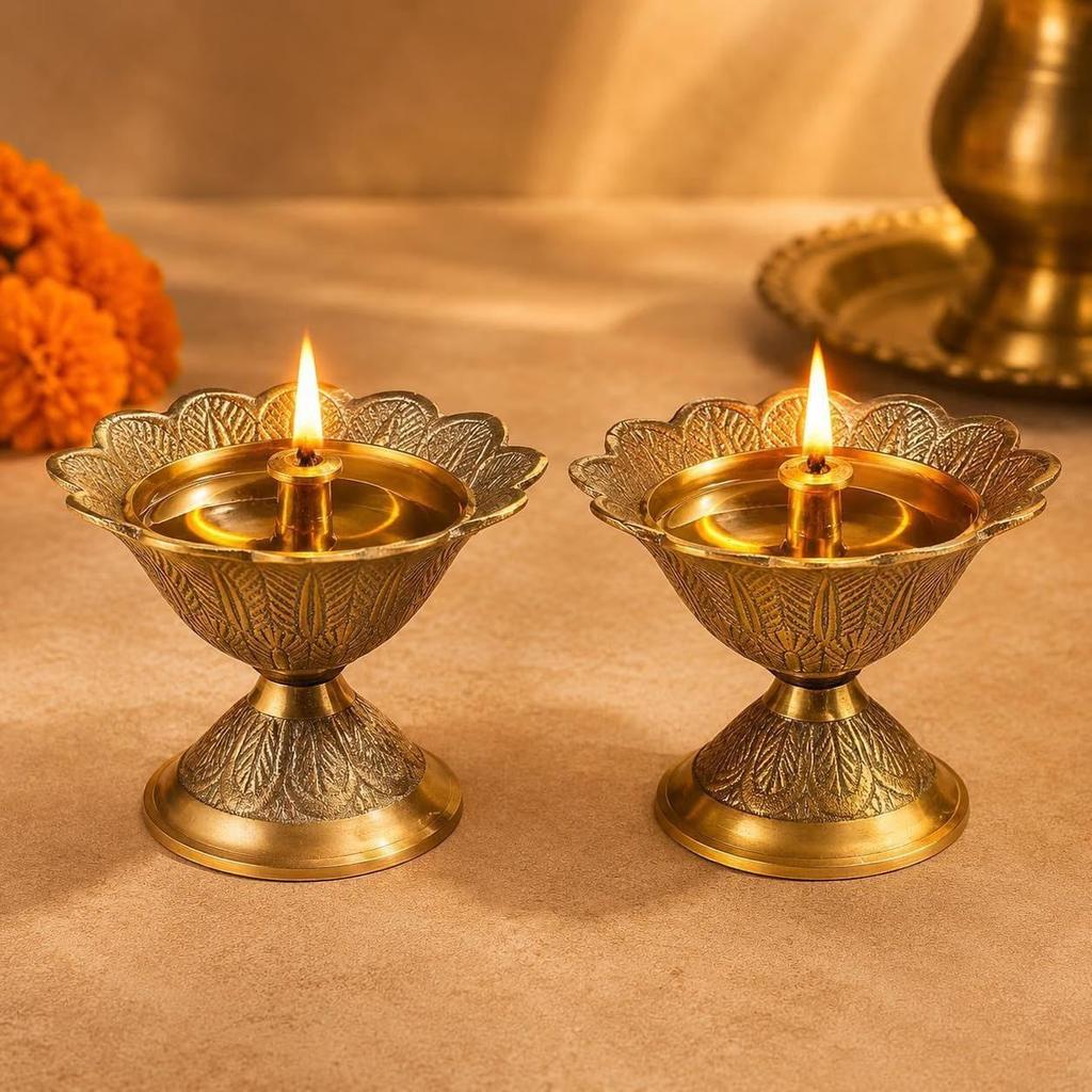Brass Akhand Diya/Oil Lamp for Pooja, Mandir and Home Decoration (L-2.75inch) 2pcs