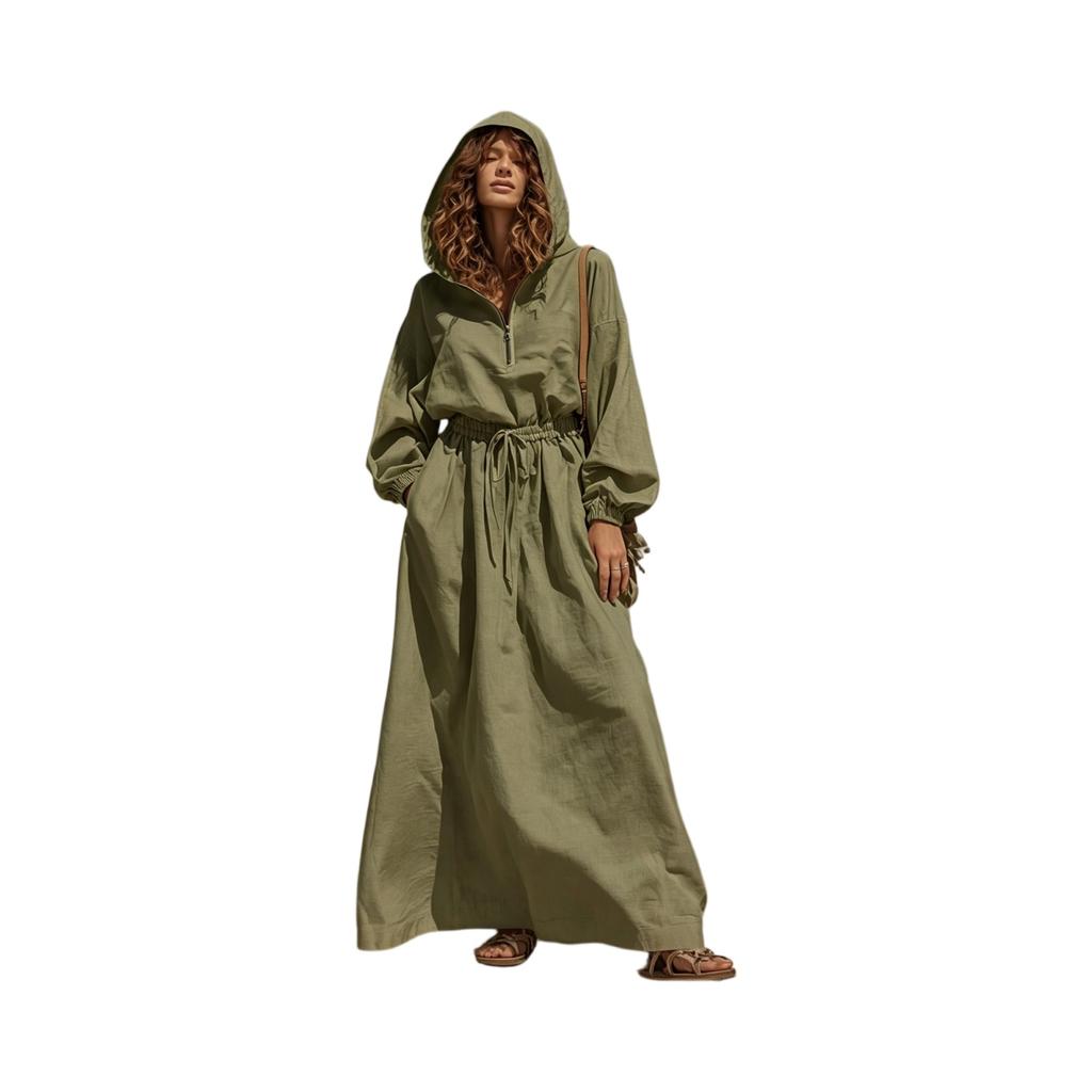 Women Long Hooded Dress with Zipper Drawstring Waist Pockets Vintage Style Linen Cotton Blend Casual Maxi Dress