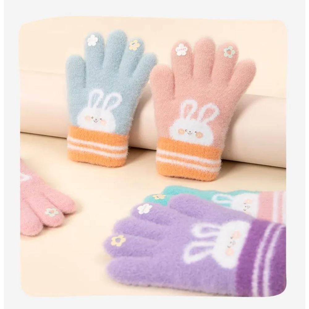 5 Colors Winter Kindergarden Kids Five-Finger Cartoon Knitted Gloves Girls Warm Thickened Plush Gloves Cute Bunny Gloves 3-5Y