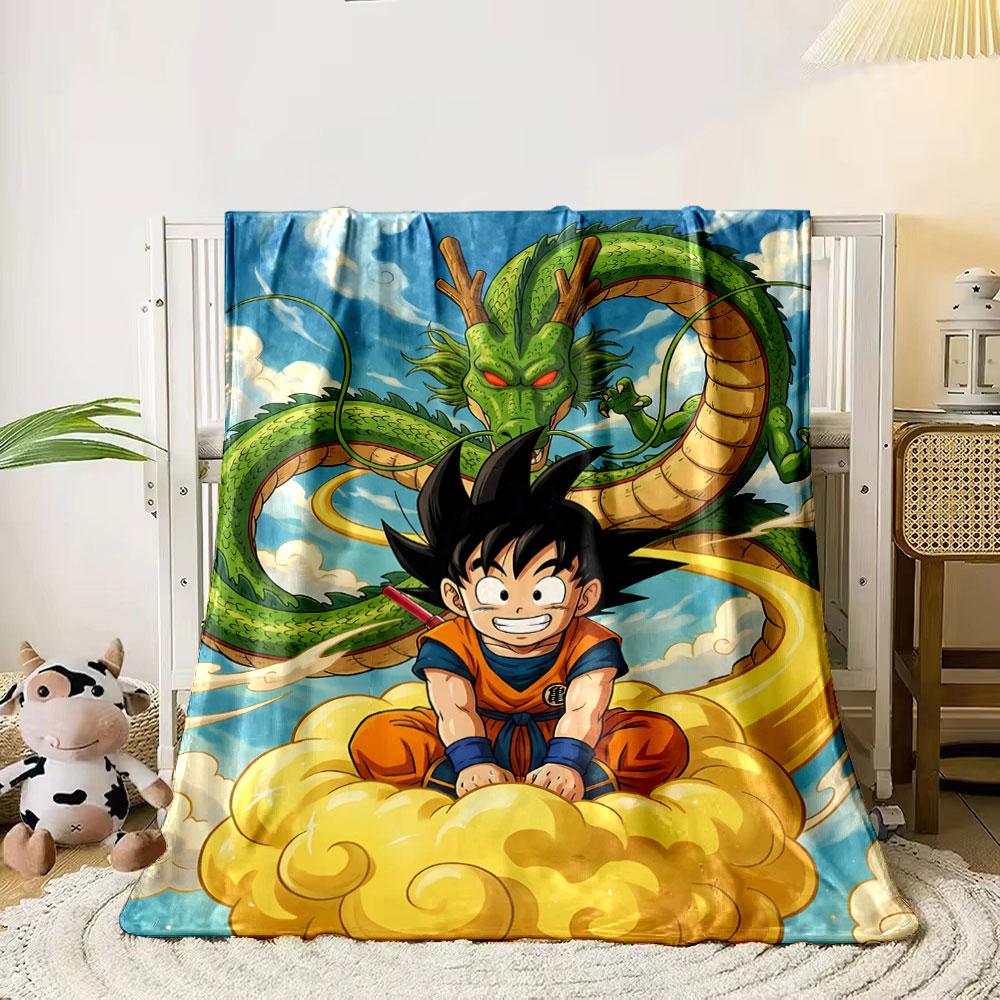 A cheerful boy on a flying yellow cloud, with a majestic green dragon. for all seasons blanket lunch break throw gift 80cm x 120cm