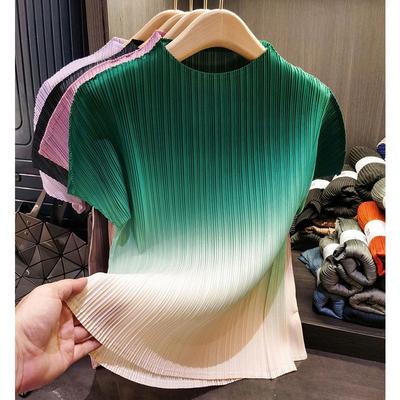 Top di lusso con volant e colore sfumato da donna, maglietta elegante a maniche corte con scollo a O, outfit casual