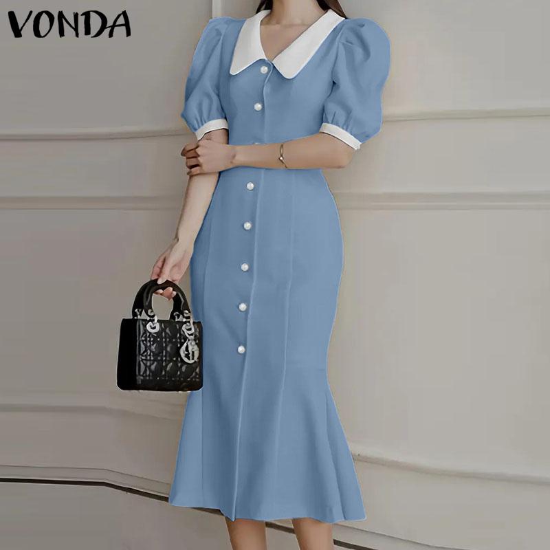 VONDA Elegant Women Lapel Neck Casual Puff Sleeve Nonelastic Fishtail Long Dress