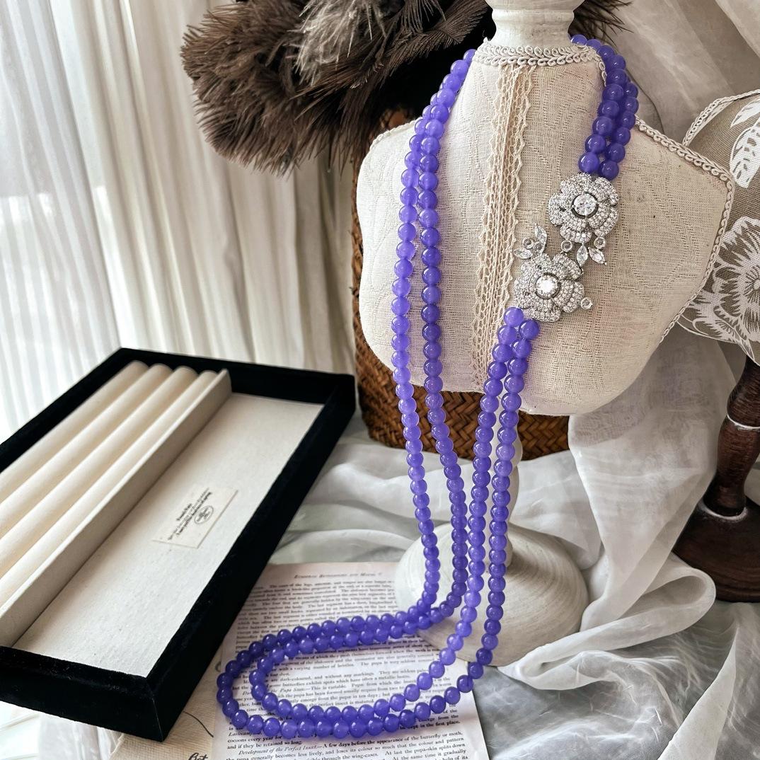 Retro National Style Natural Quartz Rock Purple Double-Layer Long Chain Necklace Original Design Atmosphere Necklace Female