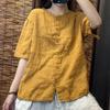 Damenhemd Frühling Sommer Baumwolle und Leinen Rundhals Retro Damenbluse Einfarbig Altersreduzierend Damen Strickjacke T-Shirt