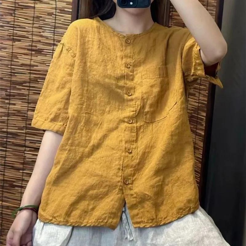 Damenhemd Frühling Sommer Baumwolle und Leinen Rundhals Retro Damenbluse Einfarbig Altersreduzierend Damen Strickjacke T-Shirt