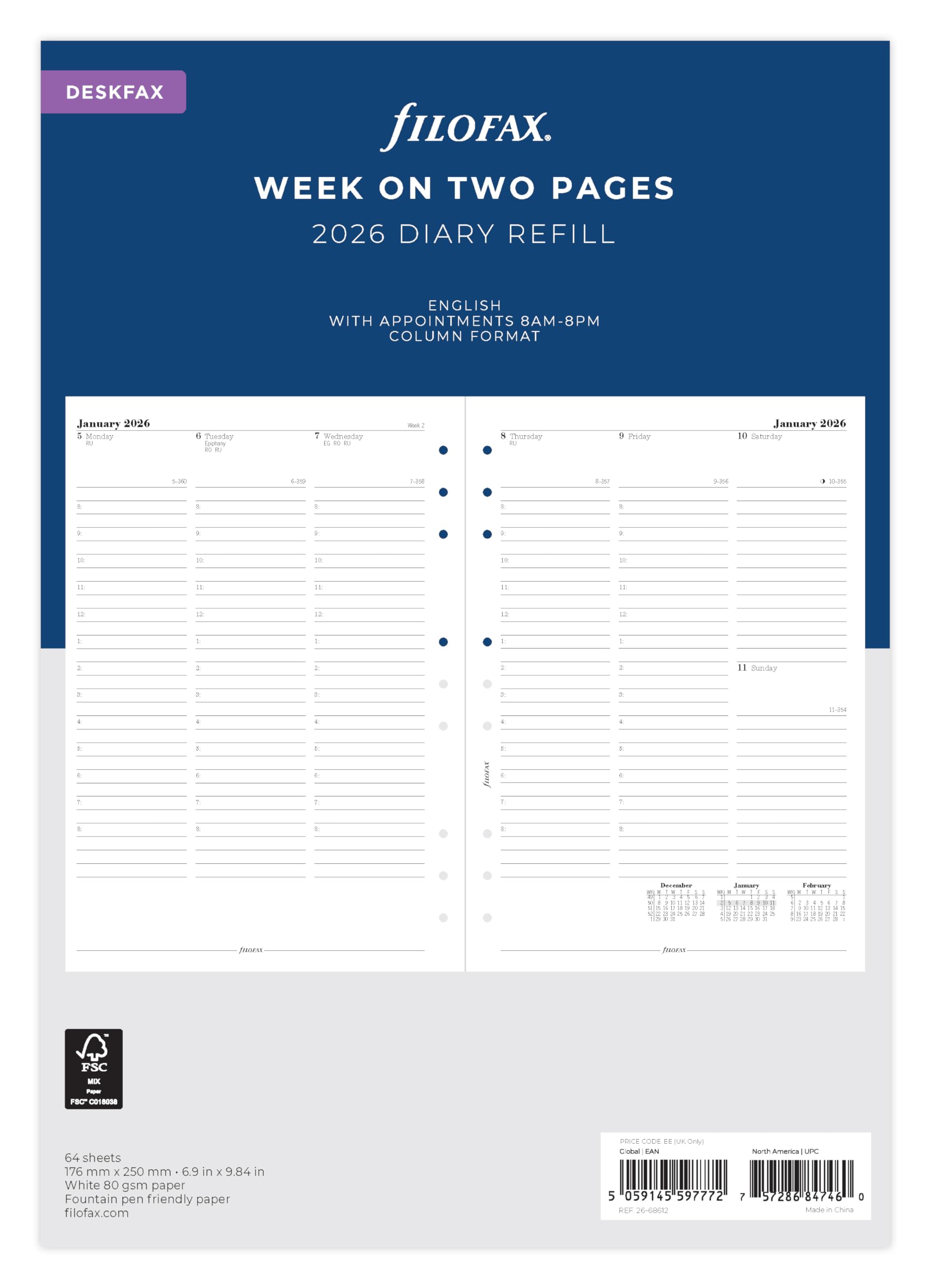 

Filofax Deskfax Weekly Planner Refill, White, 2026, January Start, 26-68612, Officially Imported