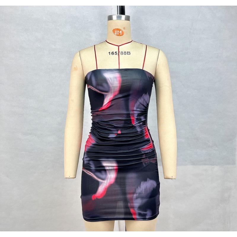 Women's Summer Sexy Strapless Print Fanny Pack Hip Dress Pleated Pullover Dress