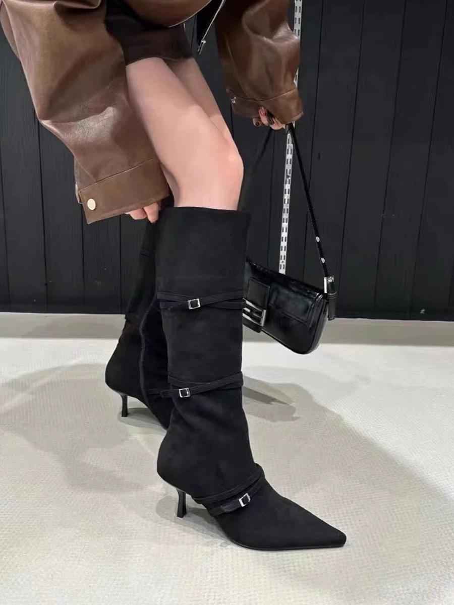 

Модная изящная обувь Узкие ботинки Женские тонкие ремешки Заостренный замшевый тонкий каблук Высокие ботинки Но до колена Каблуки Ботинки Женские 40