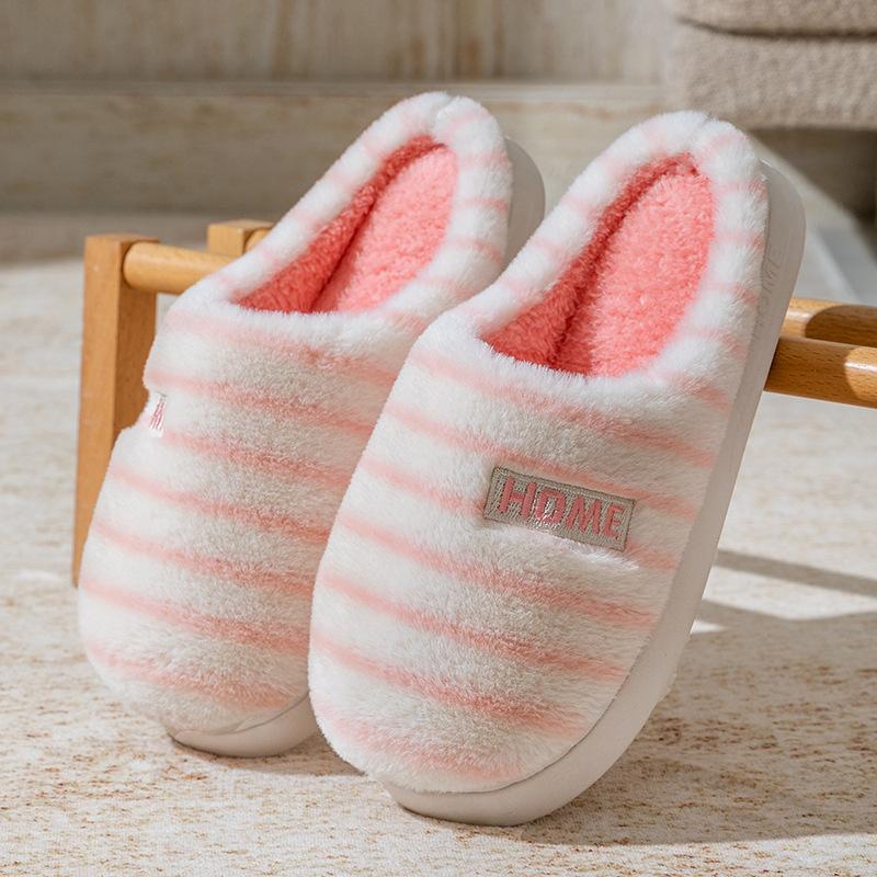 Plush cotton slippers women's autumn and winter home soft bottom non-slip plush warm couple striped plush slippers men's
