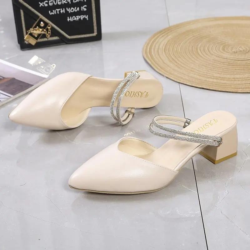 Fashion 2025Summer Korean Version Fashion Rhinestone Toe Slippers Thick-heeled Pointed Women's New Hot Hong Kong Style Two-wear Sandals