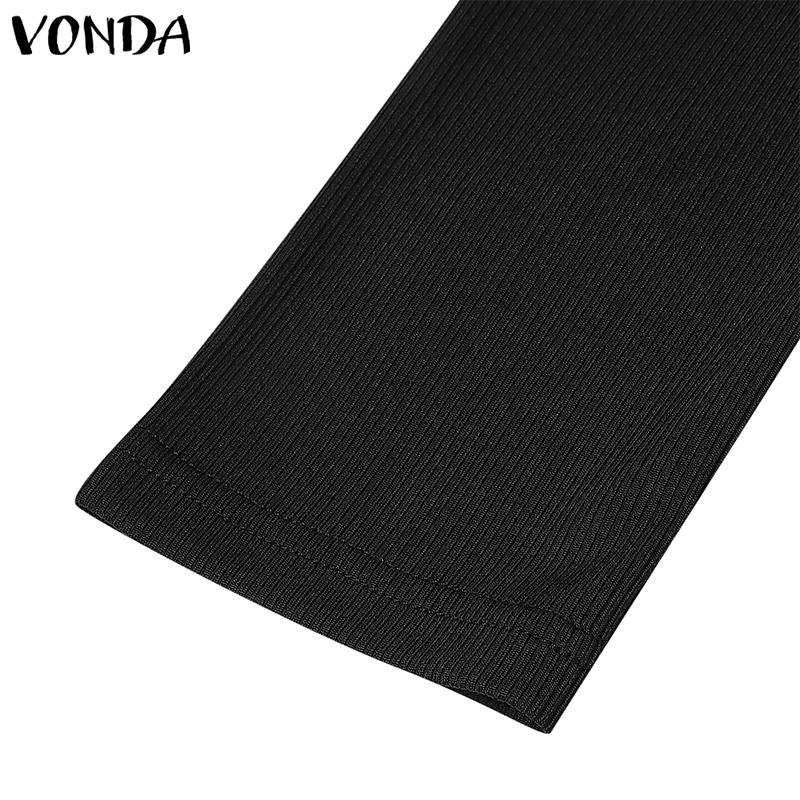VONDA Women U-Neck Long Sleeve Solid Color Rib Tight Bodycon Dresses