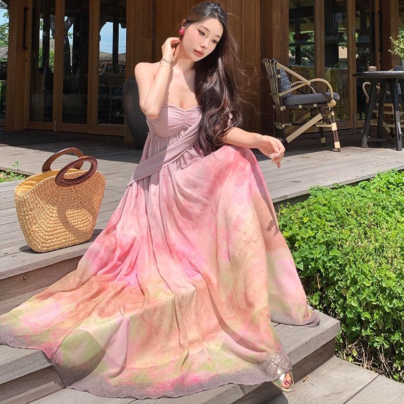 Beauty God Descends French Sense Retro Oil Painting Smudge Tube Top Dress Vacation Long Dress Temperament Fairy Dress
