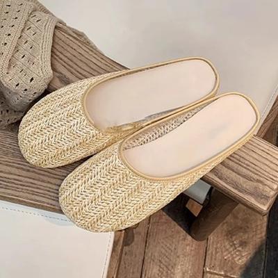Fashion Retro Mesh Woven Design Flat Slippers Women Summer Fashion Round Toe Non-slip Beach Sandals Comfortable Soft Bottom Casual Shoes