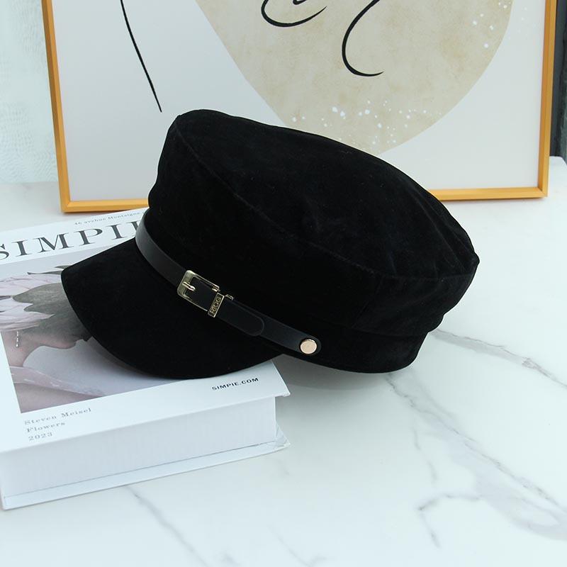 Autumn and Winter New Haijun Hat Simple Casual Versatile Flat Top Hat Belt Buckle Fashionable Wide Brim Show Face Small Painter Hat