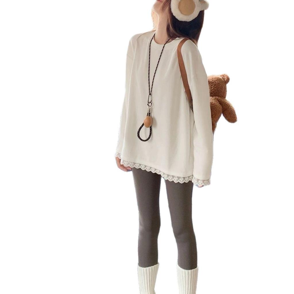 Korean Style Double-Faced Fleece Lace Trim Long Sleeve T-Shirt - Plus Size Autumn/Winter Loose Top
