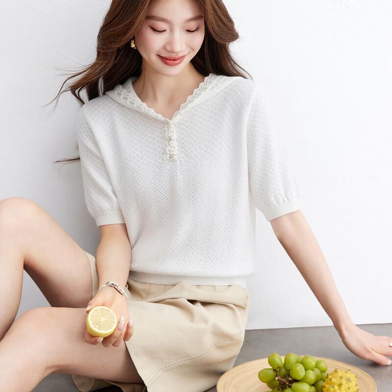 Women s Thin Hollow-Out Knit Hooded T-Shirt with Silk L