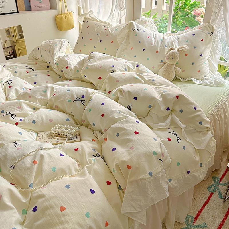 Small Fresh Pure Cotton Four-piece Set Lace Korean Version Princess Style Washed Cotton Bed Skirt Quilt Cover Cream Style Bedding