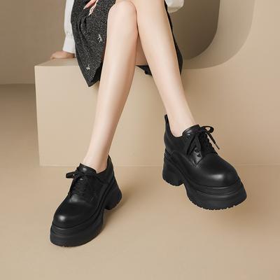 12CM Thick-soled Inner Height-increasing Leather Single Shoes Spring New Round Head Deep Mouth Lace-up Height-increasing Small Leather Shoes Ca