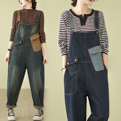 Μοντέρνο Streetwear Τζιν Ολόσωμη Φόρμα Γυναικεία Vintage Φαρδιά Μπαλώματα Αντίθεση Χρωμάτων Τζιν Ολόσωμη Φόρμα Τσέπες Φαρδύ Πόδι Cargo Φαρδιά Παντελόνια