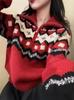Women's Retro Fair Isle Wool Pullover - High Neck, Half Zip, Red, Thick for Autumn/Winter