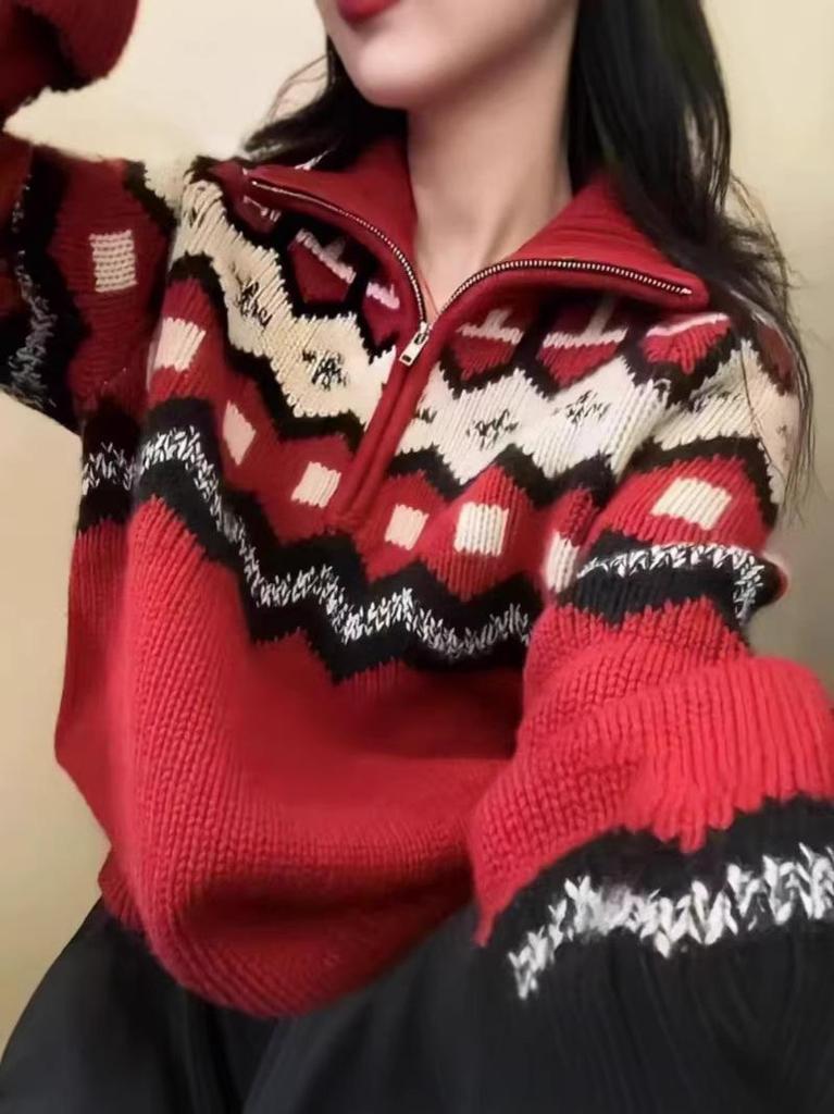 Women's Retro Fair Isle Wool Pullover - High Neck, Half Zip, Red, Thick for Autumn/Winter