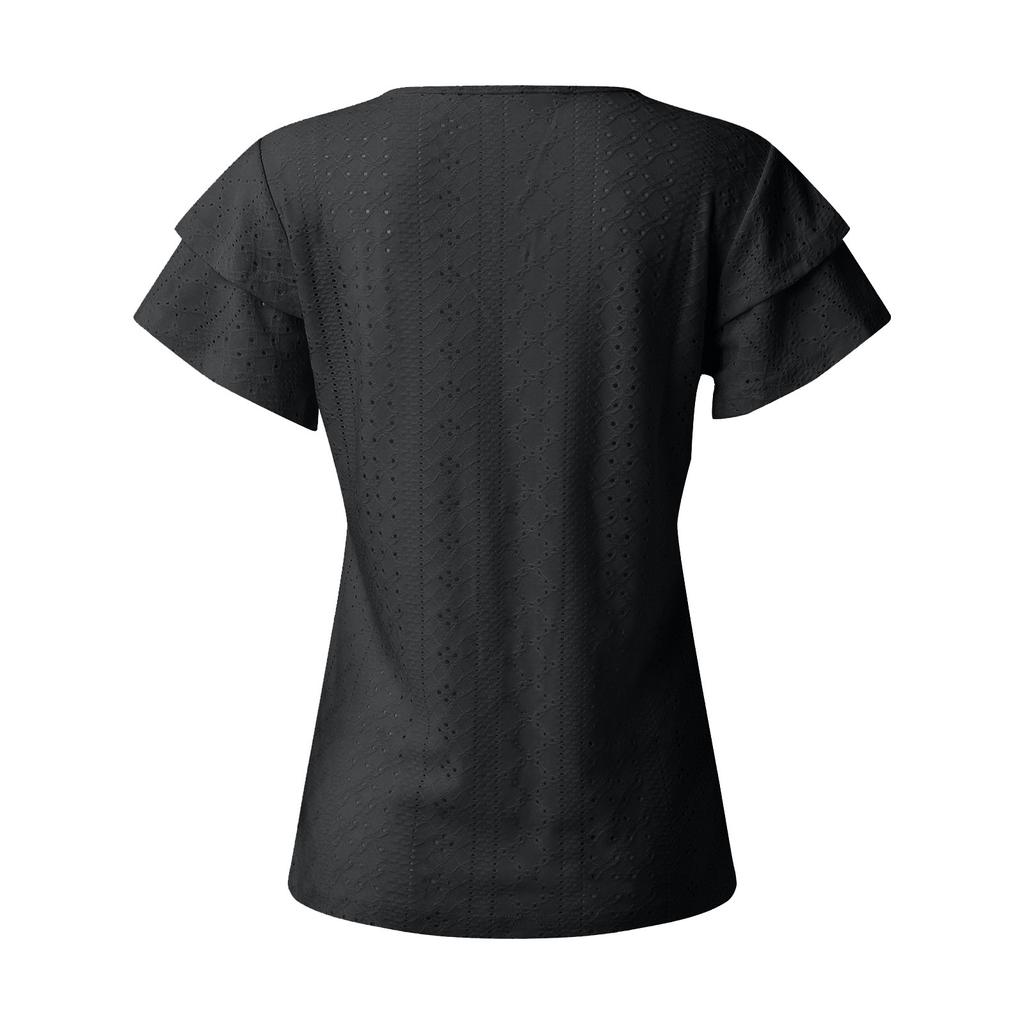 Women's V Neck T Shirt Summer Hollow Casual Ruffle Sleeve Tops Blouse