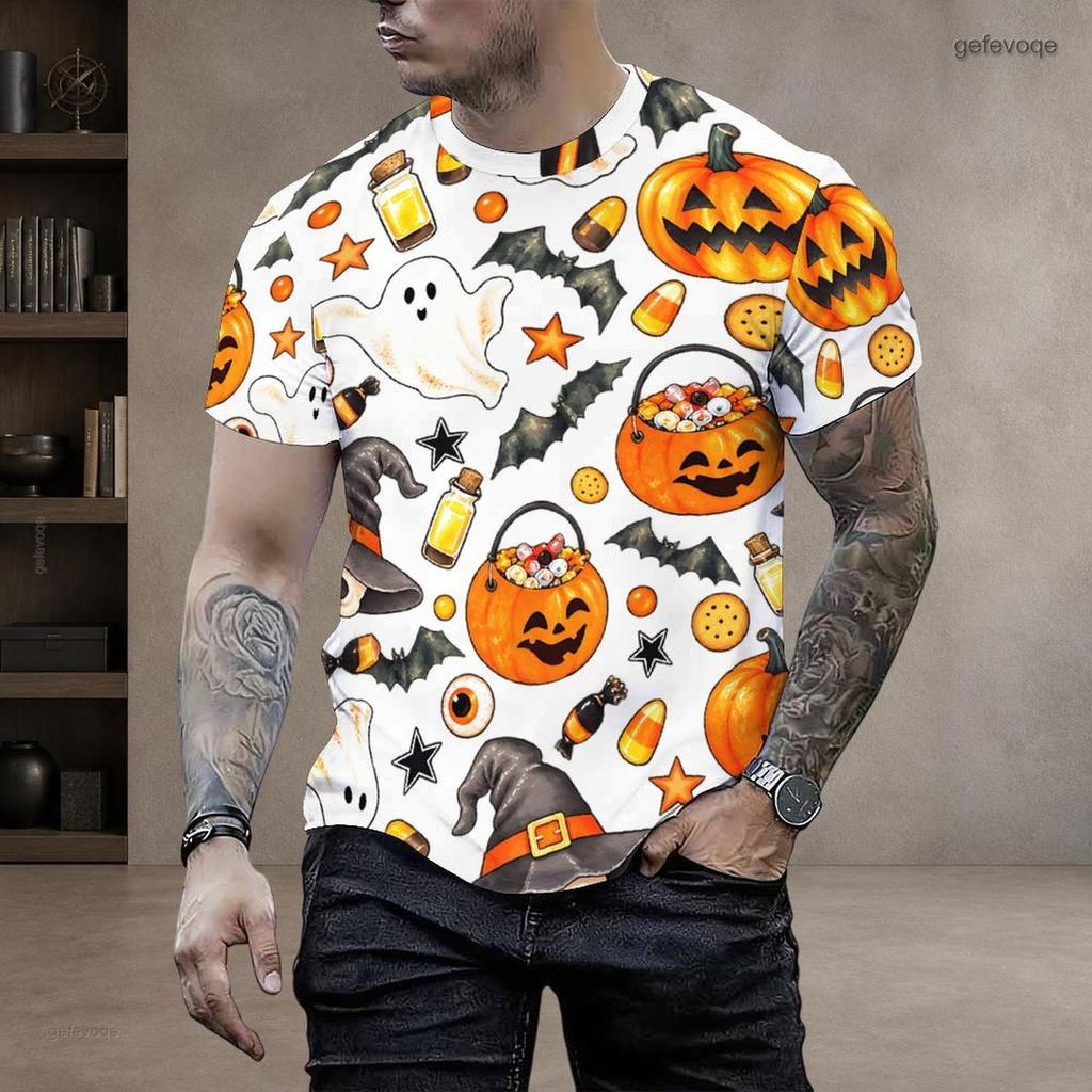 Men Plus Size Round Neck Short Sleeve T Shirt Halloween Black Cat Pumpkin Printed Pullover
