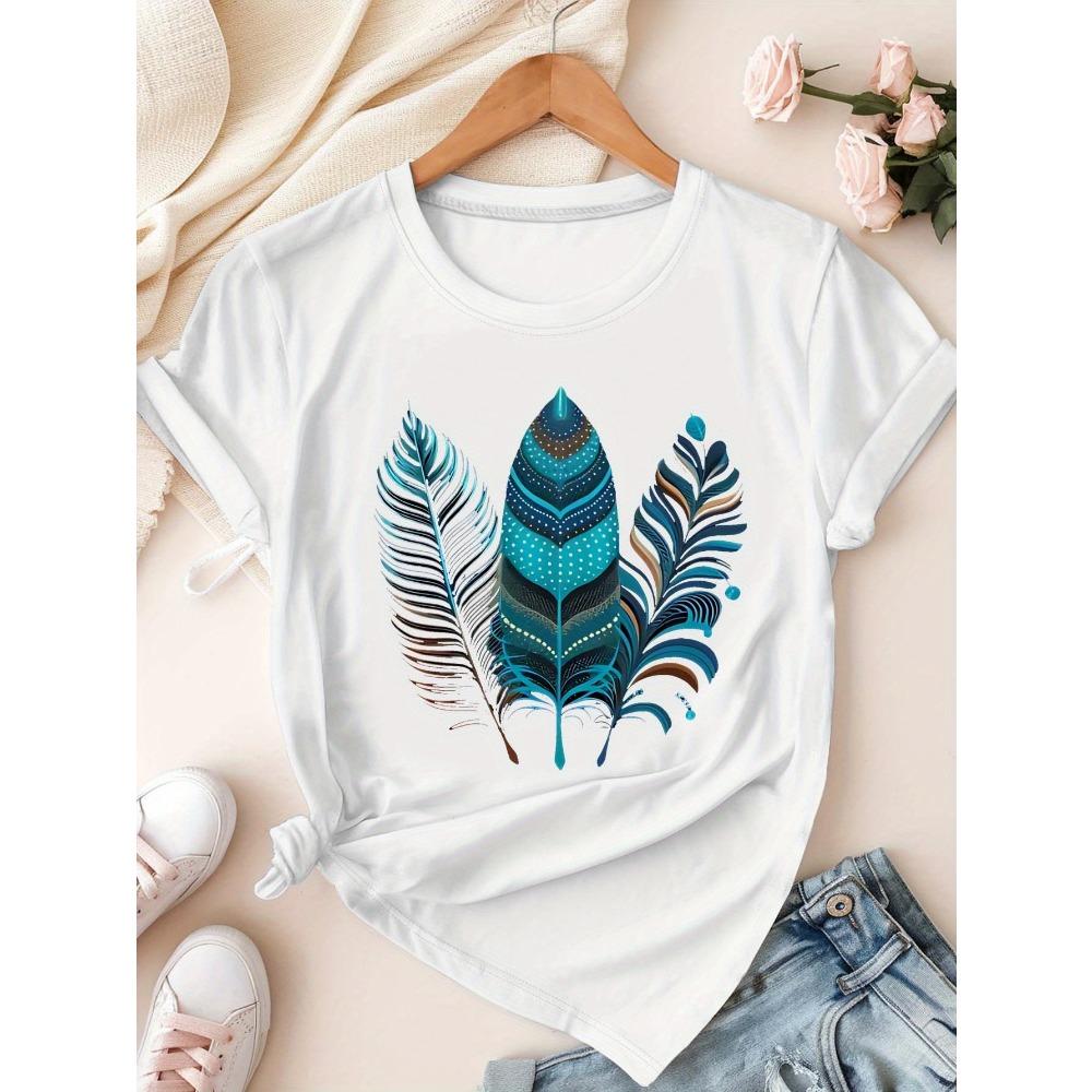 T-shirt Manches Courtes Femme avec Impression Plumes Colorées, Style Bohème, Confortable. Streetwear d'Été Graphique Y2K