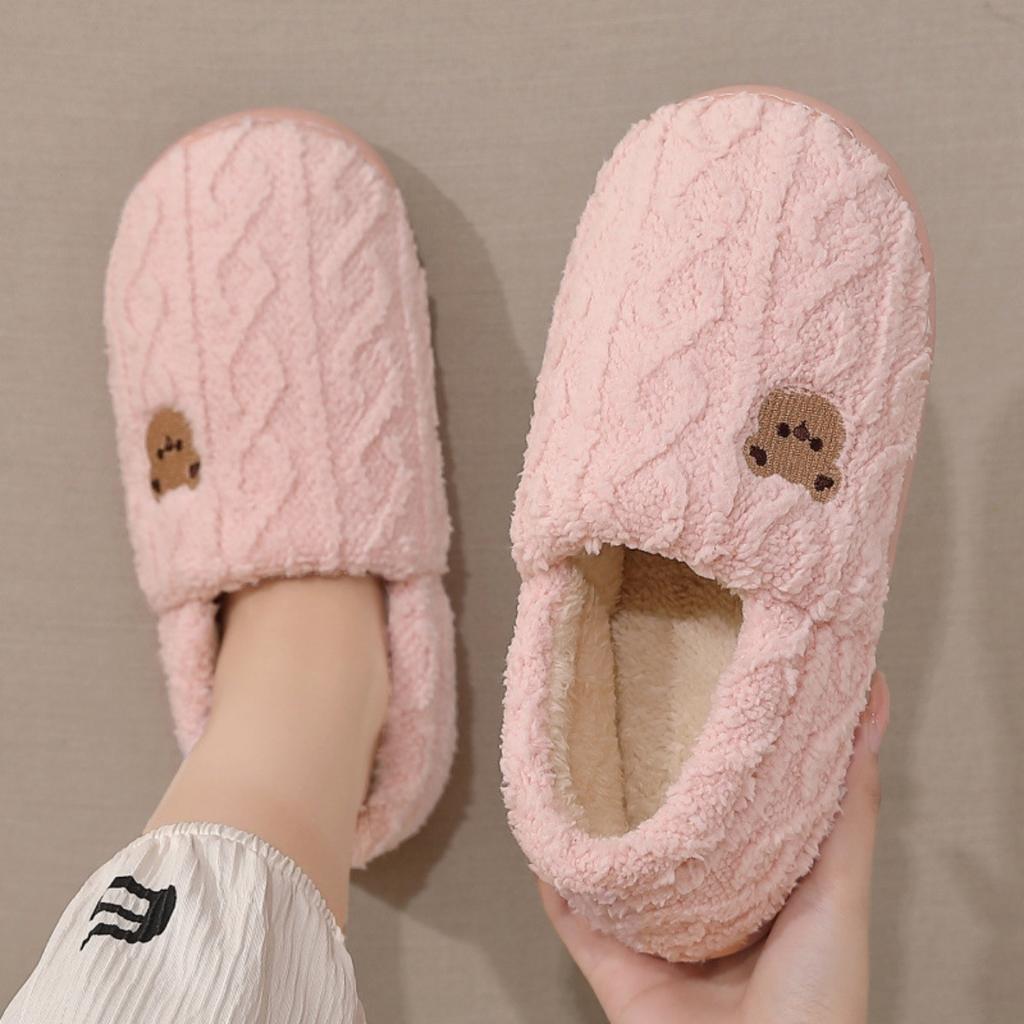 Home Cotton Slippers Women's Winter Bag with Cute Cartoon Teddy Bear Indoor Home Plush Warm Fur Slippers Men