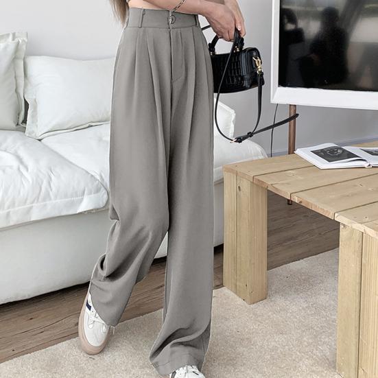 Women Suit Pants Elastic High Waist Button Zipper Fly Long Trousers Solid Color Straight Wide Leg Office Pants Streetwear
