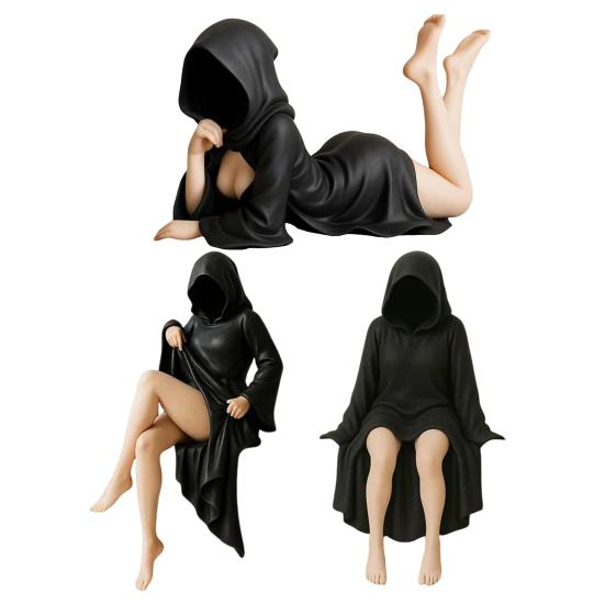 Gothic Bookshelf Sculpture Sexy Black Robe Female Figure Resin Spooky Woman Figurine for Halloween Desktop Decoration