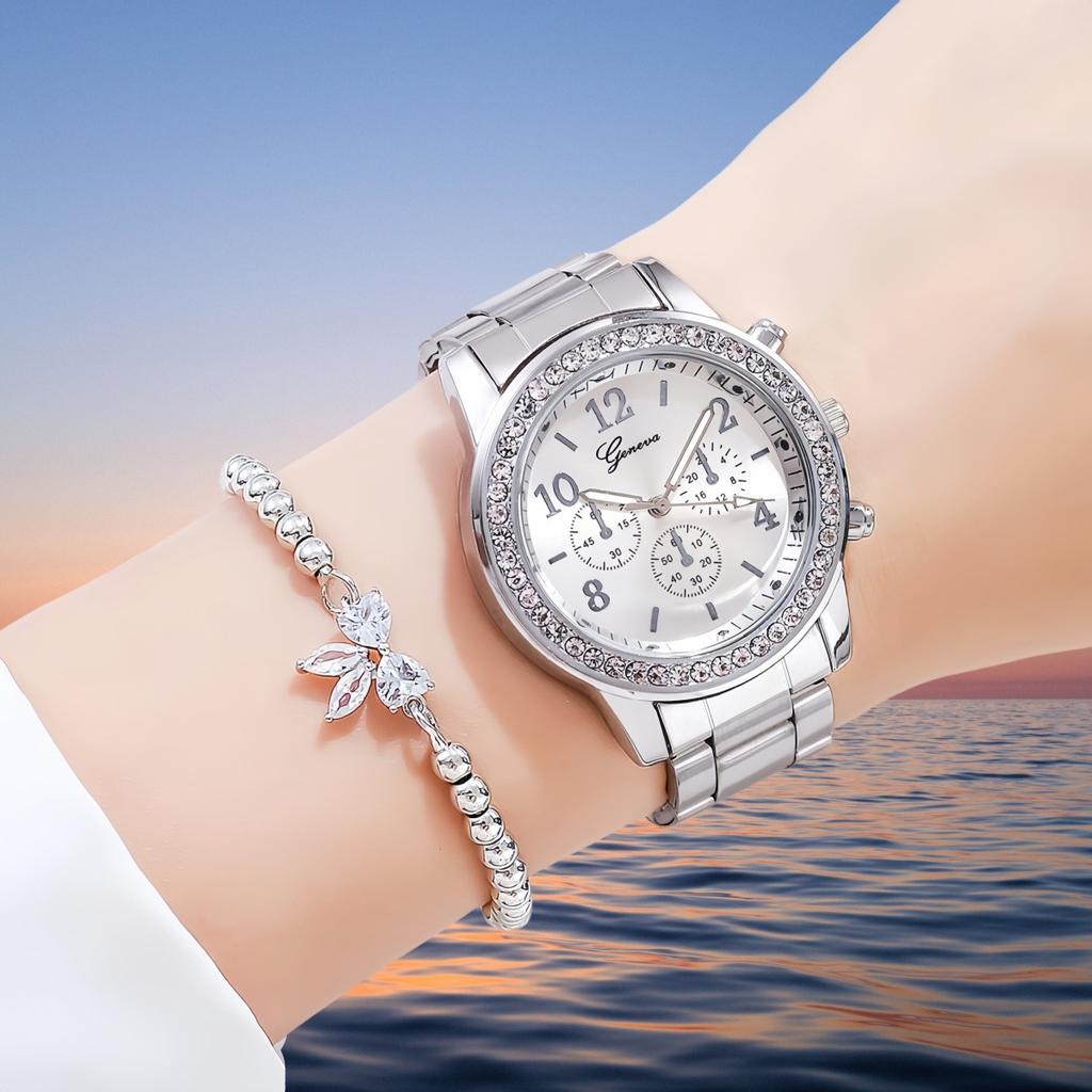 Three-eye Watch with Diamond Alloy Steel Belt Watch Women's Geneva Quartz Watch Set
